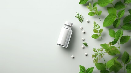 Top view mockup bottle for pills and vitamins with green leaves, natural organic bio supplement, copy space - Powered by Adobe