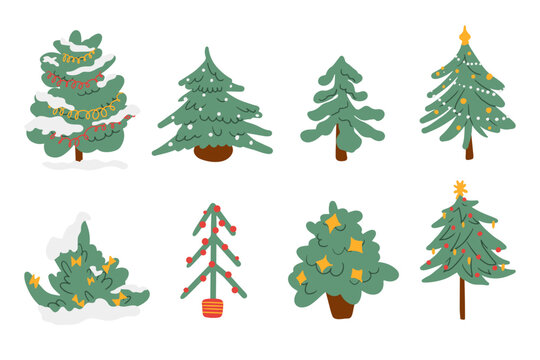 Christmas tree set on white background. Xmas firs with holiday decoration. Colorful flat vector illustration