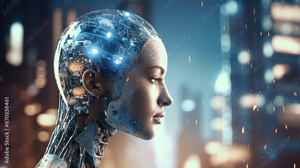 Poster Cyborg head using artificial intelligence to create digital interface on city bokeh background 3D rendering