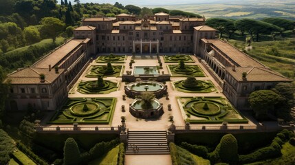 Aerial view of Villa Farnese and its gardens located in Caprarola, near Viterbo, Italy. It is a pentagonal palace in the Renaissance and Mannerist style. The building is empty. - obrazy, fototapety, plakaty