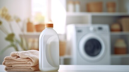 A bottle of laundry detergent and towels on a table, AI - obrazy, fototapety, plakaty