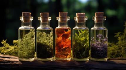 Tincture of medicinal herbs in bottles. Selective focus. Nature.