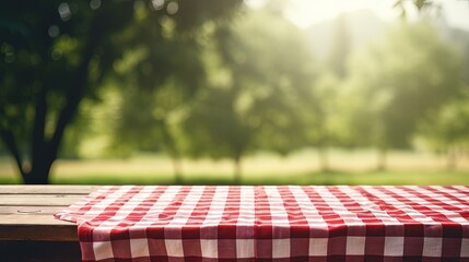 Red checkered picnic cloth on wooden table empty space blurred nature background.