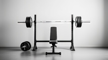 Gym bench, barbell, black floor and gym adjustable bench isolated on white background. Free space for workout 3d rendering - obrazy, fototapety, plakaty