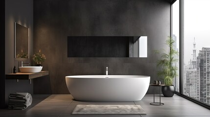 Fototapeta na wymiar Stylish gray bathroom interior with concrete floor, window with city view, dark wall, big bathtub, and white sink with vertical mirror and wooden vanity. 3d rendering copy space