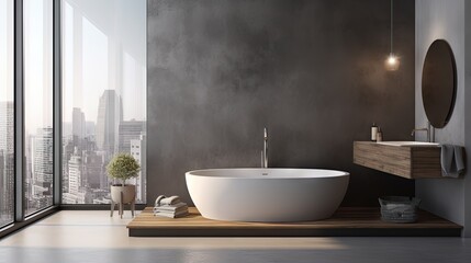 Stylish gray bathroom interior with concrete floor, window with city view, dark wall, big bathtub, and white sink with vertical mirror and wooden vanity. 3d rendering copy space - obrazy, fototapety, plakaty