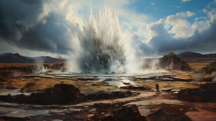 Erupting geysir in iceland in a rocky landscape created with Generative AI - obrazy, fototapety, plakaty