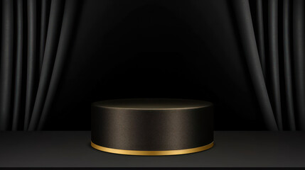 3D realistic black and gold cylinder podium on dark fabric wrinkles scene background luxury style