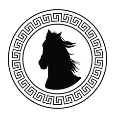 Trending circular design with horse head sketch art with the fluttering hair for stamps, logo, tattoos, and printing