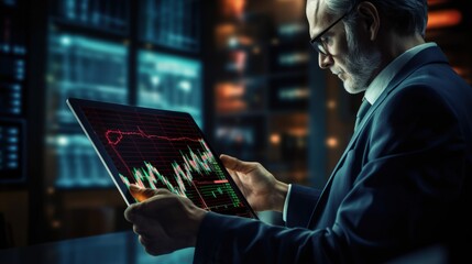 Businessman using tablet with finance and banking profit graph of stock market trade indicator financial