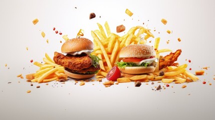 flying fast food dishes isolated on white abstract background. floating burger, steak, French fries, chicken sticks, fried chicken, hot dog. abstract fast food mock up and template design. - obrazy, fototapety, plakaty