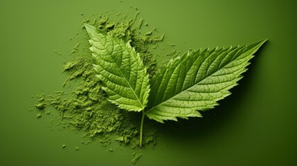 Creative nettle leaf impression on green powder. Minimal nature - obrazy, fototapety, plakaty