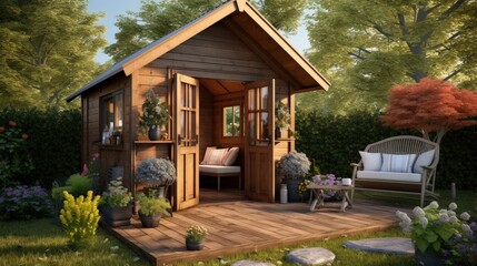 Small beautiful wooden house shed or storage hut for garden tools equipment and bicycles at backyard at beautiful american or european countryside backyard. Cozy rural yard stuff warehouse. - Powered by Adobe