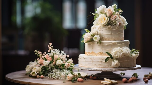 White wedding cake decorated by flowers standing on festive table with lots of snacks on side. Wedding Recetion