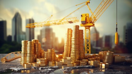 Stacking gold coins with increase and tower crane and hoist brake solutions with build new house in the public park, saving money and loan for construction real estate and home concept. - obrazy, fototapety, plakaty