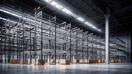 Obraz premium Modern interior of new empty warehouse. Racks pallets shelves. Metal construction. Storage equipment.