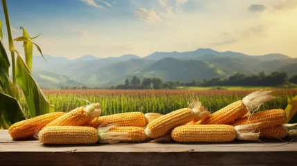 Poster Corn cobs on wooden table with corn plantation field background. © HN Works