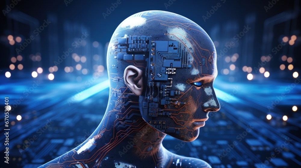 Poster Artificial intelligence - Human head with circuit board inside. Technology and engineering concept