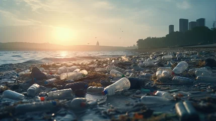 Poster Spilled garbage on beach of big city. Empty used dirty plastic bottles. Dirty sea sandy shore the Black Sea. Environmental pollution. Ecological problem. Bokeh moving waves in the background © HN Works