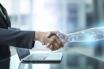 Close up of handshake of business people and technology - obrazy, fototapety, plakaty