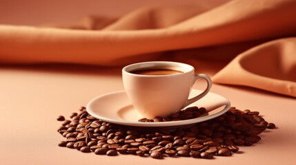 Beige cup of coffee, coffee beans around, beige background