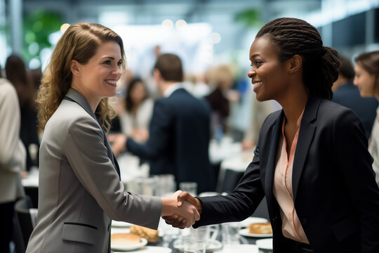Women shaking hands at a conference