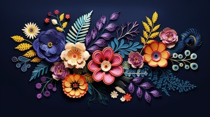 Handcrafted multicolored flowers, leaves, and crocheted elements isolated on a dark blue background, abstract elements for collage.