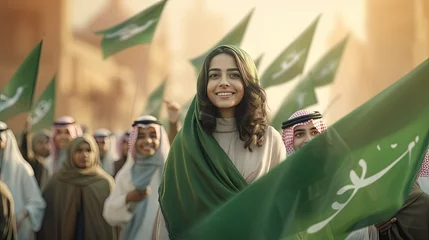 Deurstickers Arab women and families celebrate Saudi National Day. Arab women were holding a Saudi flag. A young Arab girl waves the Saudi flag on National Day. Saudi Arabian citizen hosts a flag for national day © HN Works