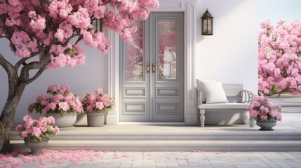 Fototapeta na wymiar veranda with gray door and pink flowers. photo zone with pink sakura flowers in a photo studio. decorative entrance to the house with furniture and a door.