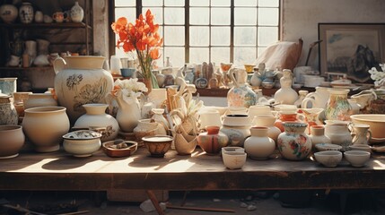 Assorted ceramic wares arranged on table in pottery studio - obrazy, fototapety, plakaty