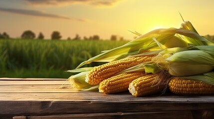 Corn cobs on wooden table with corn plantation field background.