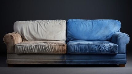 Dirty and clean sofa before and after dry cleaning in room. Blue soft sofa dirt stains. Sofa straight view, dirty half and clean half. Concept for a cleaner, cleaning company, 3d illustration