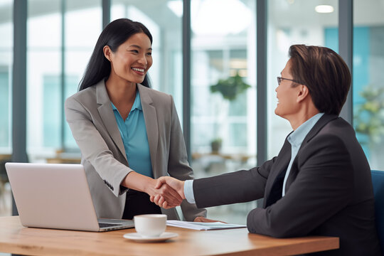 Woman accepting business deal, handshake with client and colleague