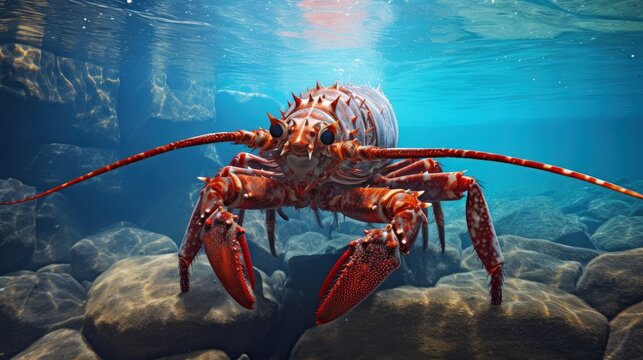 Close up of fresh spiny rock lobster on water。Jasus lalandii also called the Cape rock lobster or West Coast rock lobster is a species of spiny lobster found off the coast of Southern Africa.