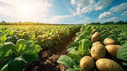 Panoramic photo of a beautiful agricultural view with potato plantations on the farm on a sunny day. Agriculture and farming. Selective focus