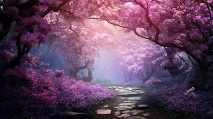 Schilderijen op glas Fantasy background . Magic forest.Beautiful spring landscape.Lilac trees in blossom © HN Works