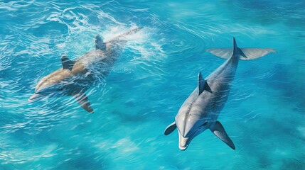 Obraz premium Aerial view of dolphins swimming through tropical blue water