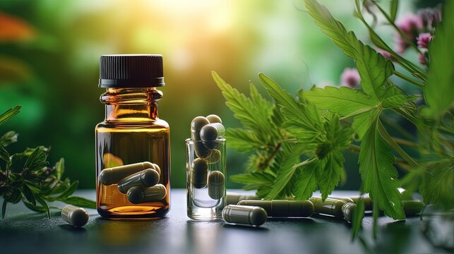 Close-up two medicine capsules and natural herbs, COVID-19 vaccine vial and syringe in background. Alternative medicine, vaccination, Covid-19, pharmaceutical industry and health concepts