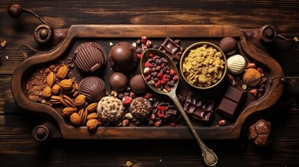 Handmade chocolate with hazelnuts, dark chocolate pieces, cocoa in a vintage spoon, chocolate...