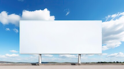 Obraz premium Mock up - blank wide white billboard or large advertising display against blue sky with white clouds. Consumerism, white screen, template, mock up and copy space concept