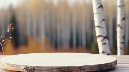 empty wooden table, blurred birch tree background 