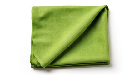 Top view of single folded green linen serviette isolated on white background