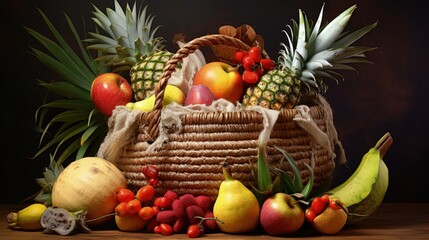 Exotic fruits in straw summer bag. Tropical pineapple, banana, pitahaya, kiwano, african horned...