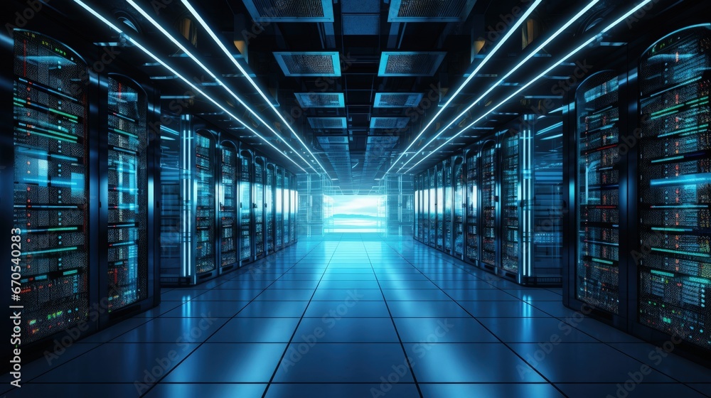 Aufkleber Shot of a Working Data Center With Rows of Rack Servers.