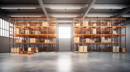 Modern interior of new empty warehouse. Racks pallets shelves. Metal construction. Storage equipment.