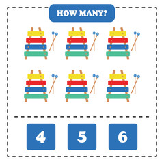 How many xylophone are there? Educational worksheet design for children. Counting game for kids.