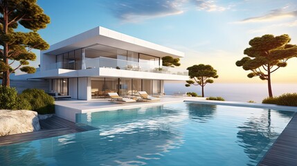 Modern house with a swimming pool, sea view- 3D rendering - obrazy, fototapety, plakaty