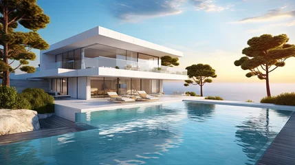 Poster Modern house with a swimming pool, sea view- 3D rendering © HN Works