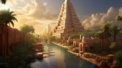 Fototapeten Ancient city of Babylon with the tower of Babel, bible and religion, new testament, speech in different languages,Illustration © HN Works