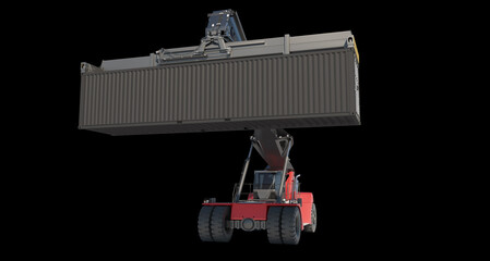 The red reach stacker (loader) lifts and loads a black sea container (ship container). 3d illustration. Isolated on black background